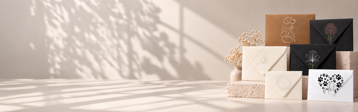 A styled arrangement of multiple envelopes and cards in neutral tones, including black, cream, beige, and white, with delicate dried floral accents, set against a warm beige background with soft window shadow projections.